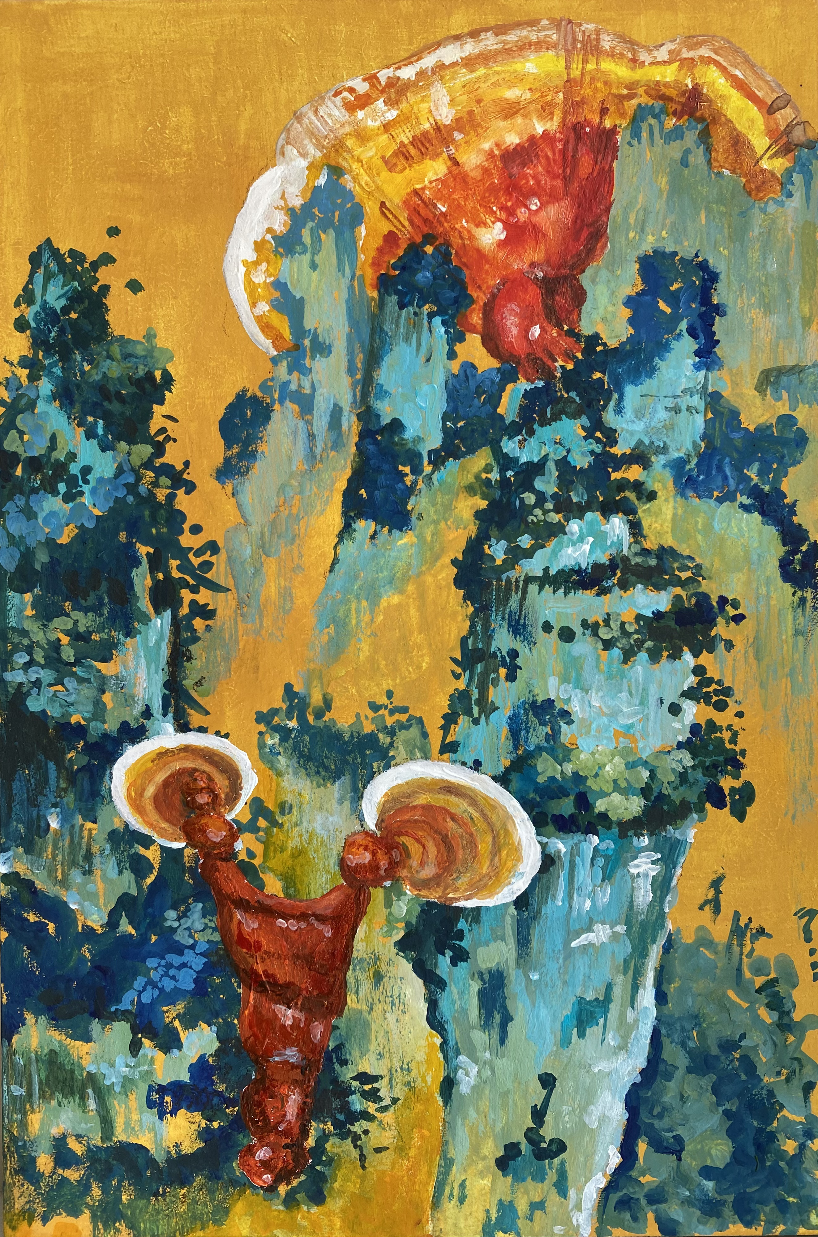 Reishi mushrooms, 24 x 16 cm, aquarell on wooden panel, 2022