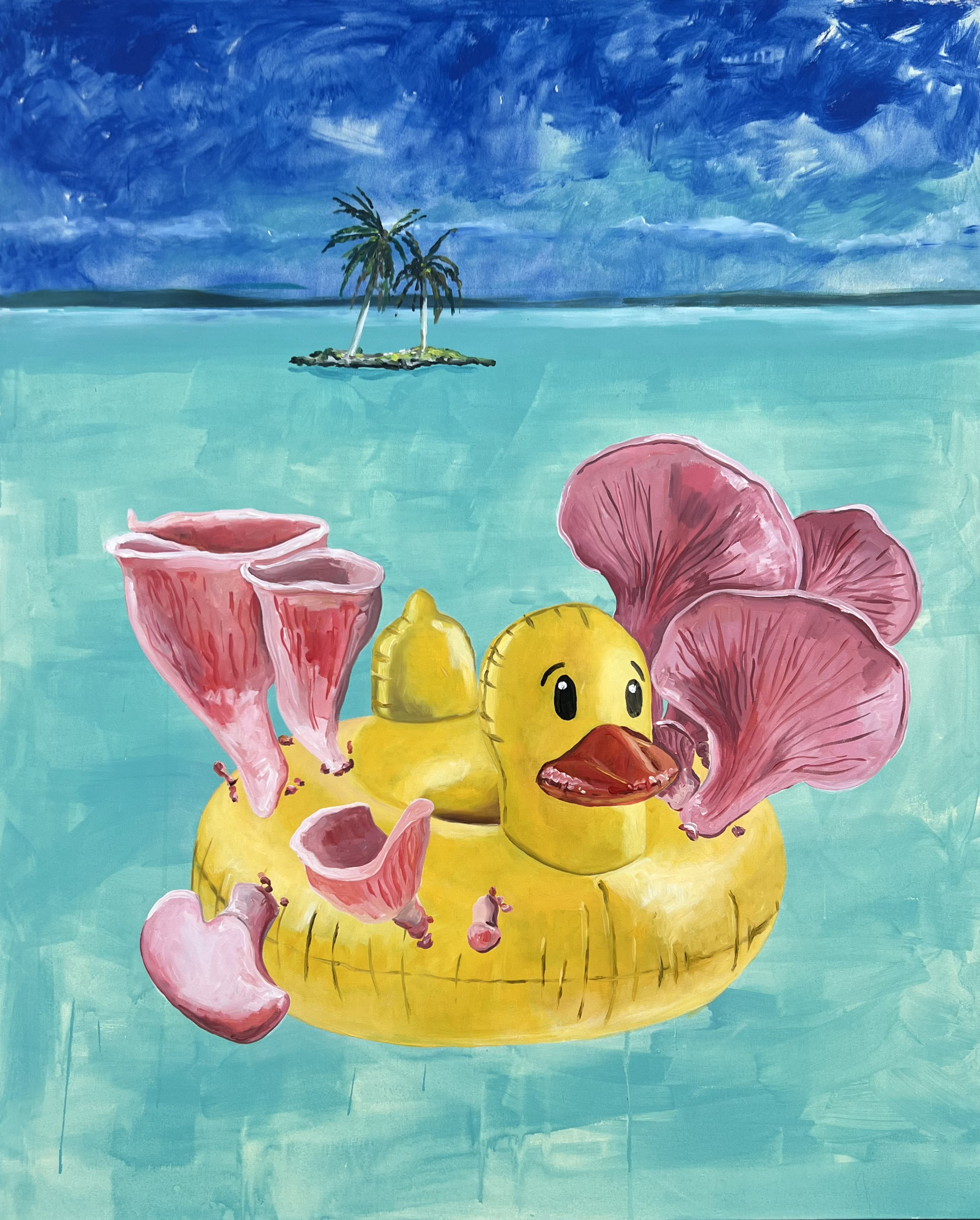 Roza ostrigar in račka, 2025, akril na platno, 130 x 160 cm