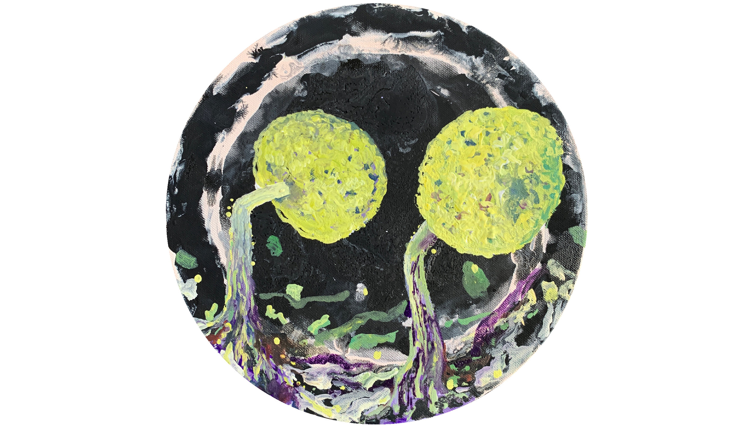 Physarum viride, mikroorganizmi v zemlji, diam 20 cm, mešana tehnika, 2019